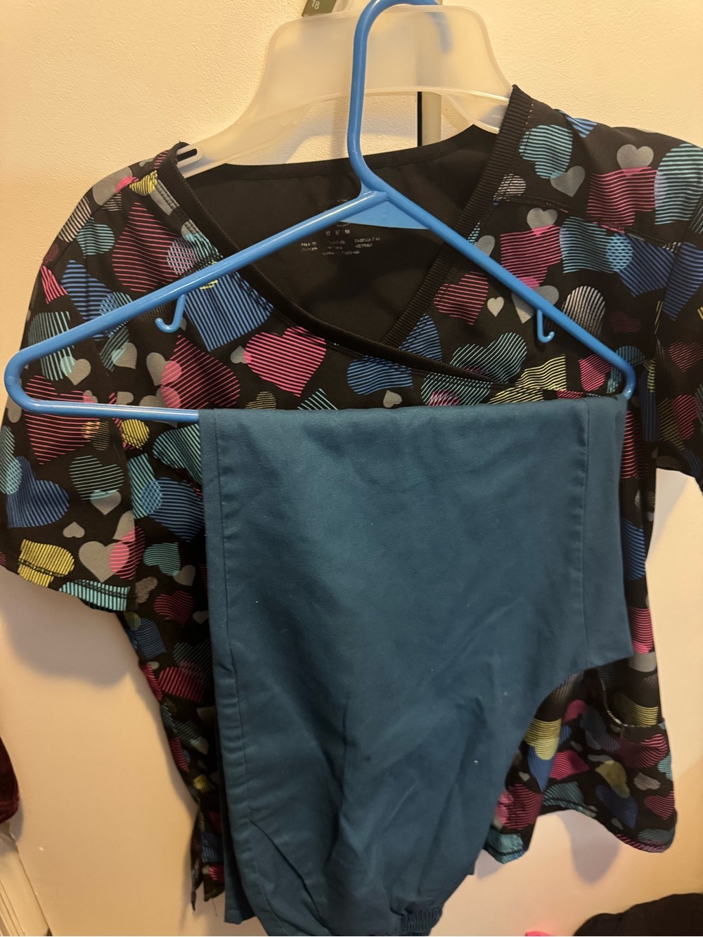 Cherokee Black V-Neck Scrub Top &  pants with Multicolor Heart Print,